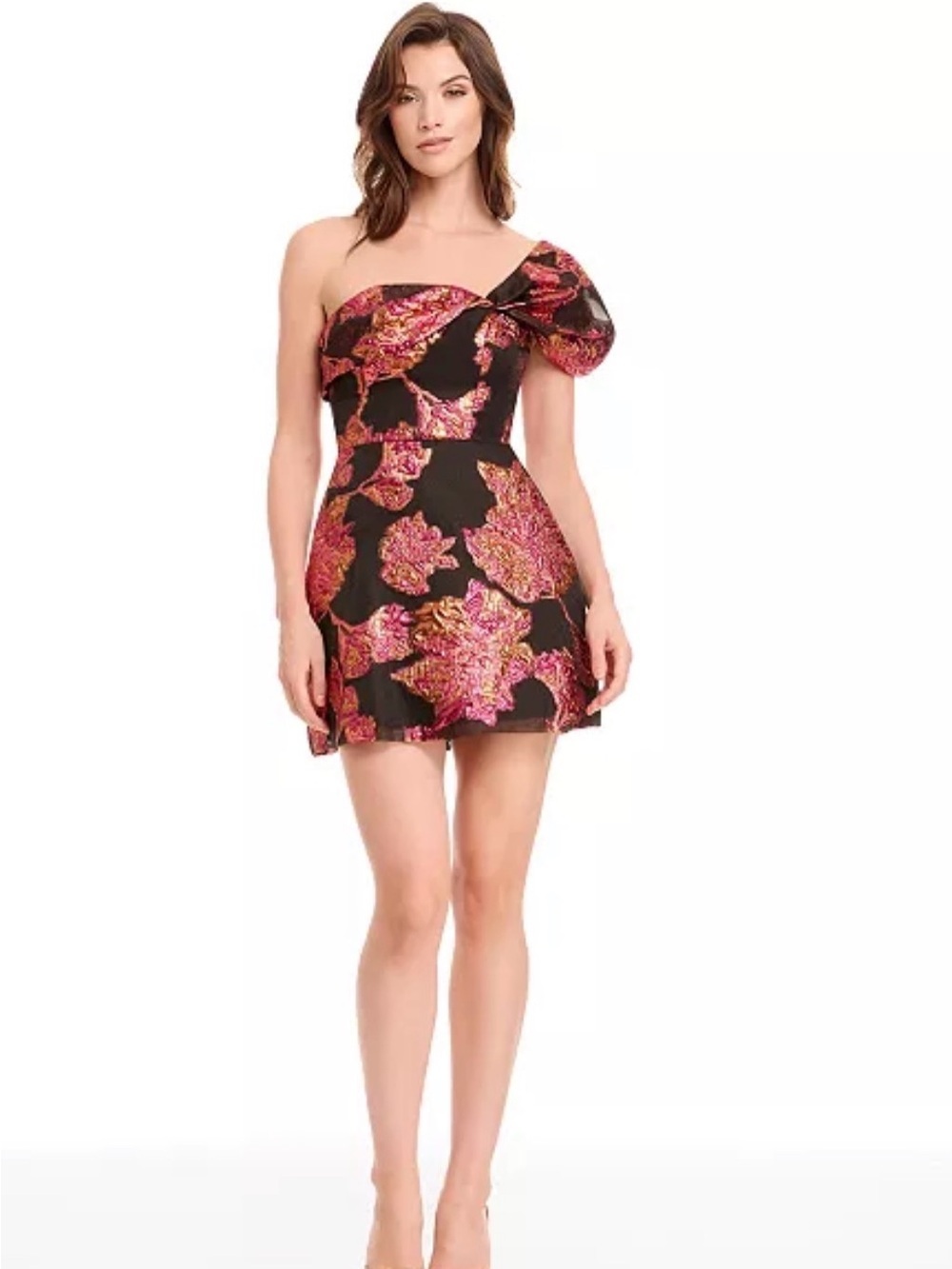 Dress the Population Off-Shoulder Black Brocade Metallic Pink Floral Mini Dress